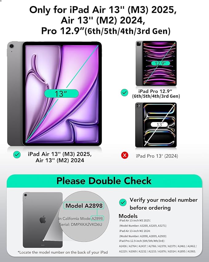 Case for iPad Air 13 Inch Case M4/M3/M2 (2026/2025/2024) Pro 12.9 Inch (6th/5th Gen 2022/2021) 2 in 1 Detachable Cover with Clear Hard Back Supports Touch ID Auto Wake/Sleep Black