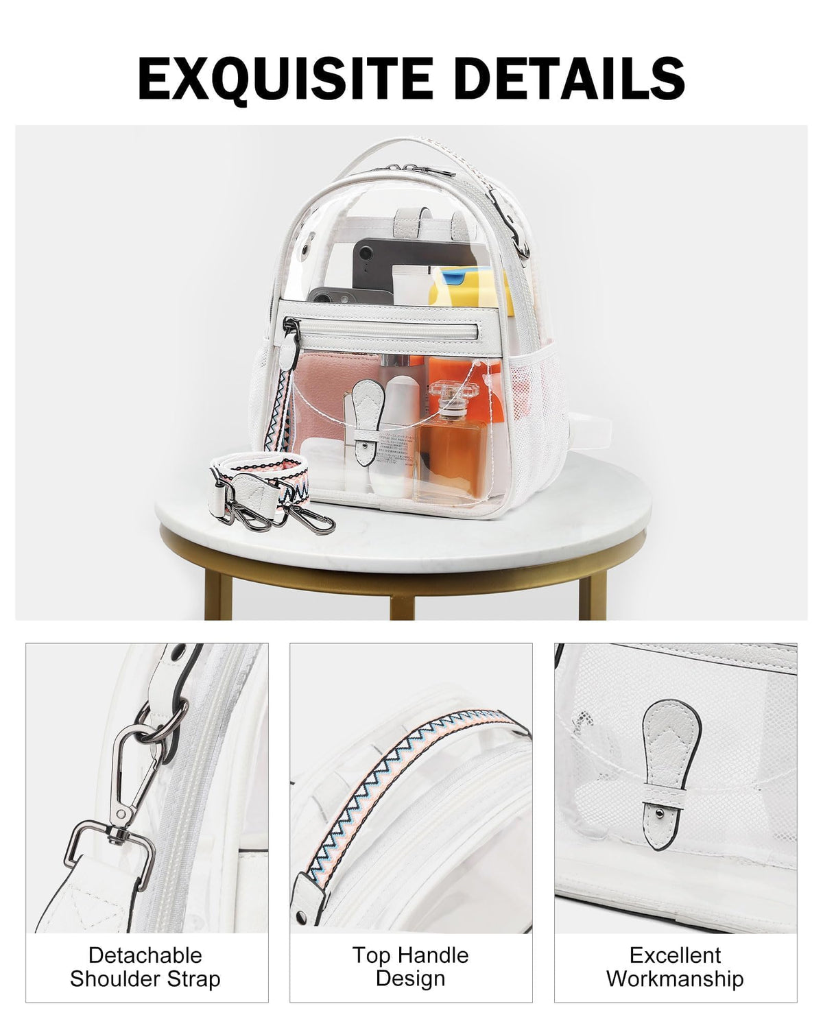 FADEON Clear Small Backpack Purse for Women, Designer Transparent Shoulder Handbag, PVC Mini Clear Bag for Stadium Approved