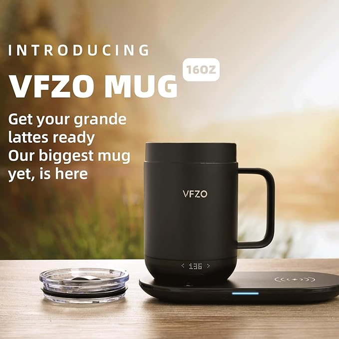 VFZO 16Oz Temperature Control Smart Mug, Self Heating Coffee Mug LED Display, 180 Min Battery Life - Hot up to 149℉ Fast Wireless Charger Base Improved Design (16oz, Orange)