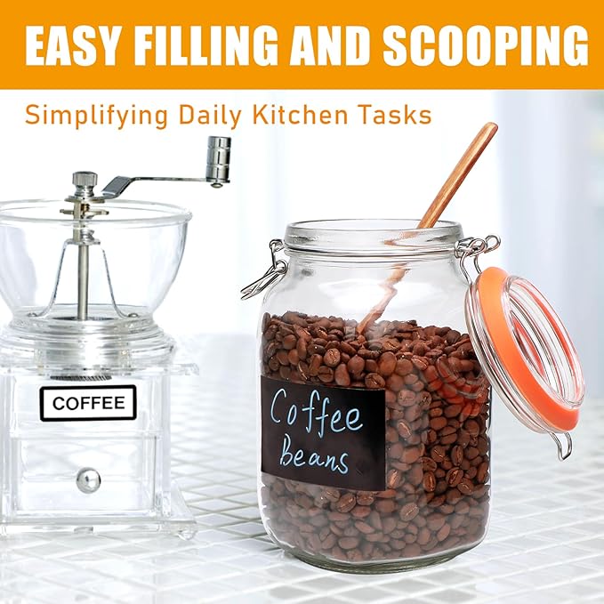 Encheng 50oz Glass Jars with Clamp Lids,Set of 4,1500ml Square Wide Mouth Mason Jars with Airtight Lids,Large Glass Storage Container with Clip Lids for Kitchen,Flour,Pasta,Beans