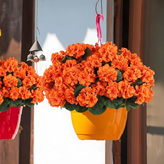 Hananona 12 Pcs Artificial Geranium Flowers for Outdoors Geranium Silk Orange Flower Outdoor UV Resistant Patio Plants Faux Autumn Flowers for Fall Home Kitchen Table Centerpieces (12, Orange)