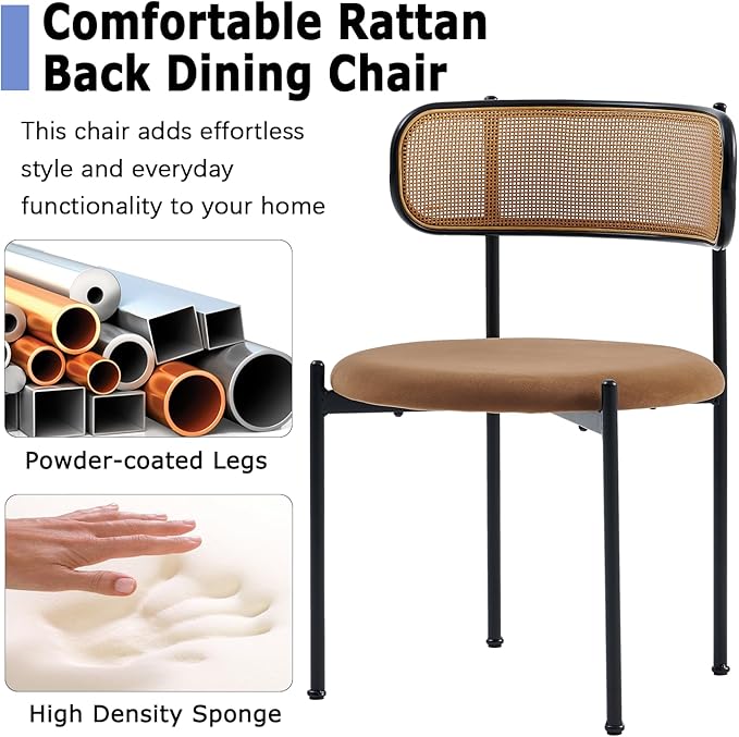 Rattan Dining Chairs Set of 8, Mid Century Modern Dining Chairs with Cane Back and Boucle Upholstered Seat, Farmhouse Kitchen Chairs for Dining Room and Living Room, Brown