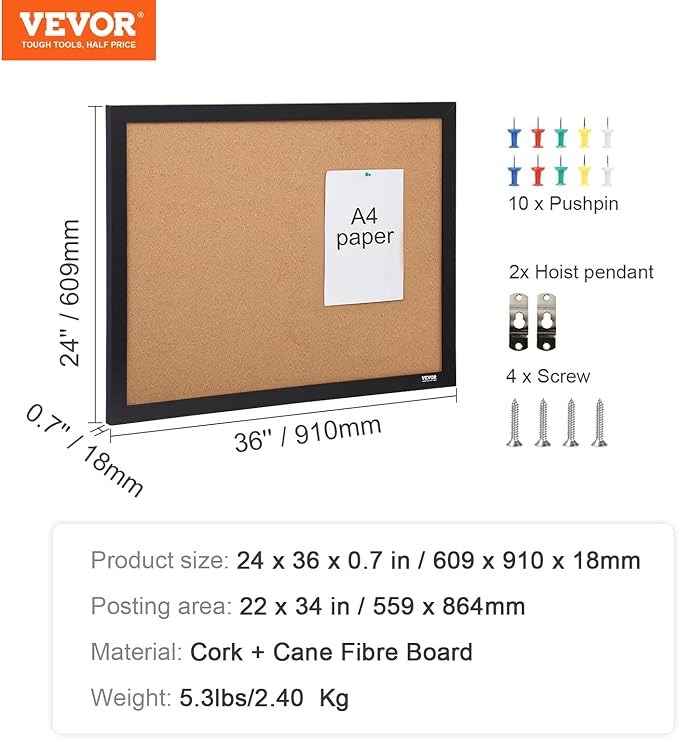 VEVOR Cork Board for Office, 36'' x 24'' Bulletin Board for Wall, Push Pin Board with Framed for Office Home and School