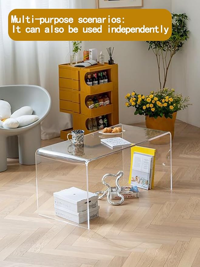 Acrylic Coffee Table and Stool Set of 2. with 34" Modern Minimalist Rectangular Table + 15" Multi-Use Clear Stool, Rest Stool, Shower Seat w/Rounded Edges (Stool:15.7"x10.6"x14.1")