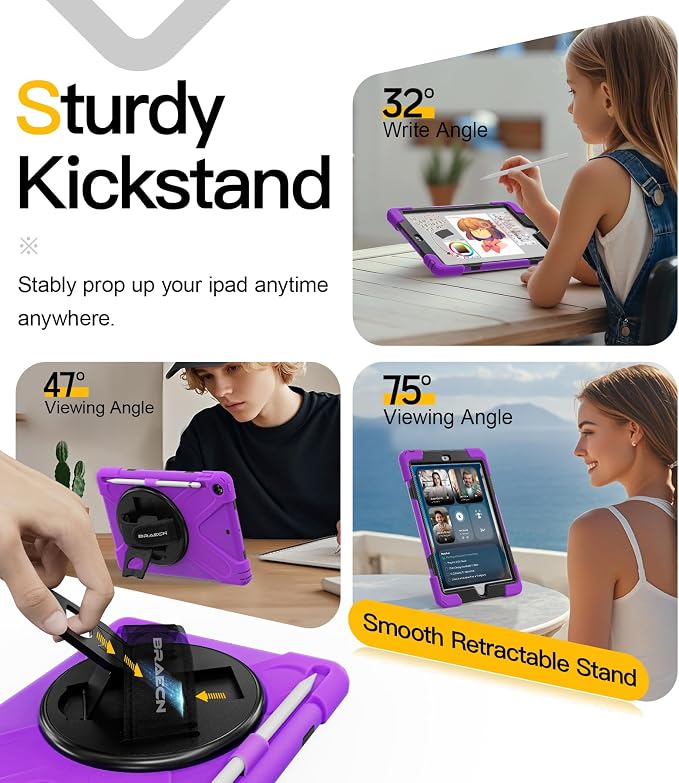 BRAECN Case for iPad 6th/5th Generation - 9.7 inch 2018/2017 Black | Protective Heavy Duty Shockproof Rugged Cover for Kids/Adults 360° Rotating Hand Strap/Stand &amp Detachable Shoulder Strap