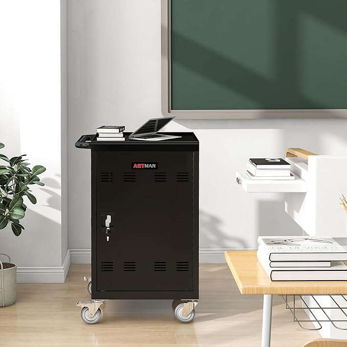 32-Bay Mobile Charging Cart with Keyed Lock, Steel Laptop & Tablet Charging Cabinet with Cable Management, Rolling Power Station for Classroom, Office, School, Library
