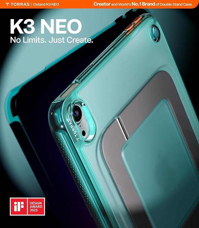 TORRAS Ostand K3 Neo for iPad Air 11 Inch Case (M4 2026 M3 2025 M2 2024) Viewing Angles AdjustableUltra Stable Stand Shockproof Protective Slim Kickstand Case with Pencil Holder Glacier Sprint