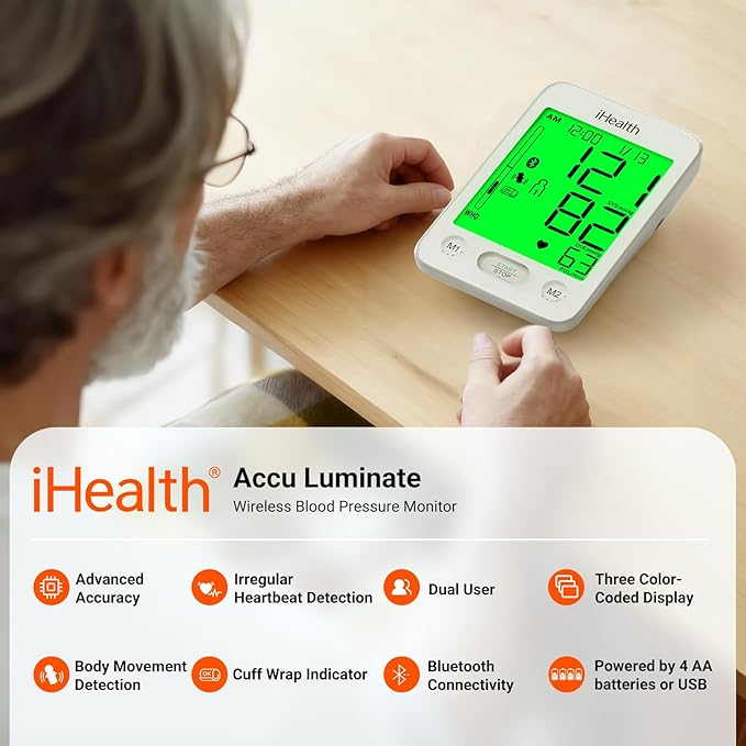 iHealth Accu Luminate Blood Pressure Monitor – 4.5" Tri-Color WHO-Based LCD(White), Clinically Accurate, Irregular Heartbeat Alert, Body & Cuff Detection, Bluetooth Cloud Sync, Large 8.6"–17" Cuff