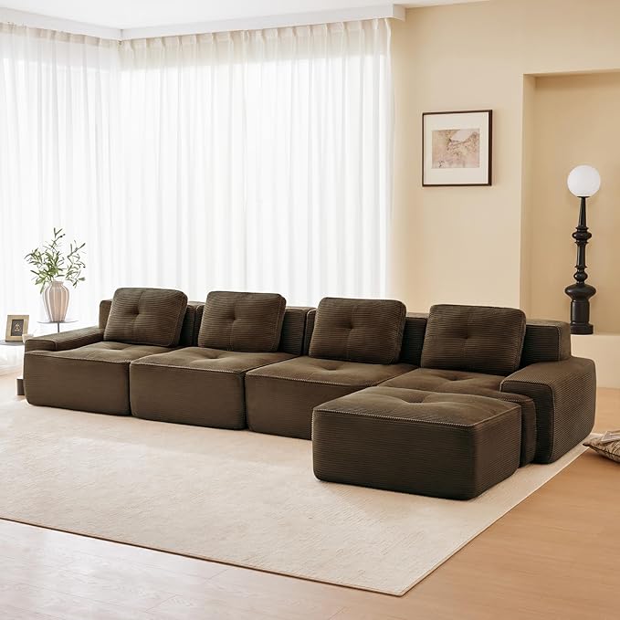 150" Modern Compressed Boneless Couch with Ottoman, 4 Seater Large L Shaped Sectional Couches for Living Room, Brown Corduroy Cloud Modular Sectional Sofa, Memory Foam, Extra Deep, No Assembly