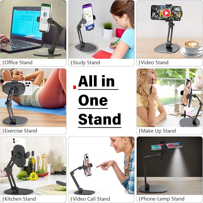 APPS2Car Phone Stand for Desk Adjustable Cell Phone Holder for Office | Triple-Clamp Phone Holder Height-Adjustable Folding Arm 360° Rotation Anti-Slip Base Fits Cases up to 20mm