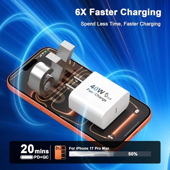 40W USB C Charger Block 2 Pack iPhone 17 16 15 Charger Block Brick Orange | 40 Watt USB C Wall Charger USBC Power Adapter Type C Brick Cube for iPhone 17/17 Pro/17 Pro Max/Air/16 15 14 13 12 11 Gal