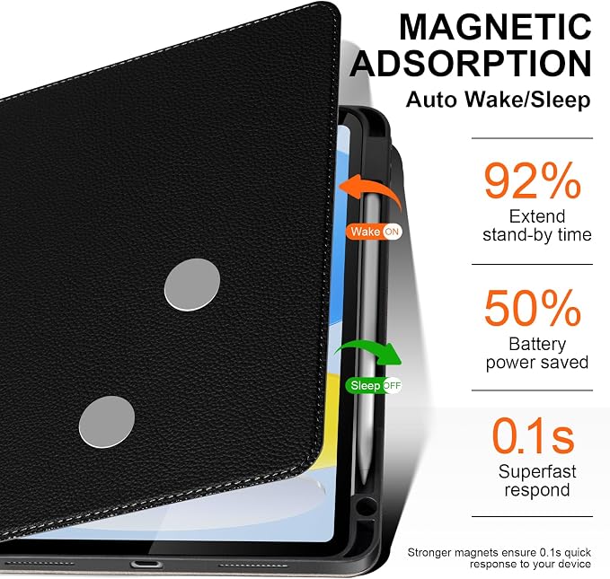 iPad Case 11th Gen 11 &amp 10th Gen 10.9 with Pencil Holder Black | Slim Premium Leather Smart Cover Auto Wake/Sleep Multi-Angle Protective Stand