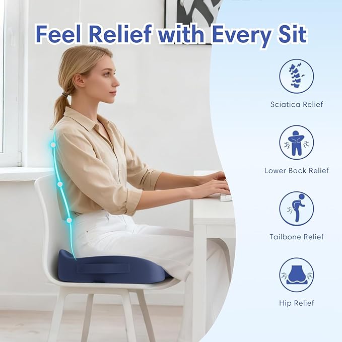 Large Memory Foam Seat Cushion for Office Chair, Car, Desk, Truck & Wheelchair - Tailbone, Coccyx & Sciatica Pain Relief Pillow - Ergonomic Back Support Portable Pad for Long Sitting & Driving