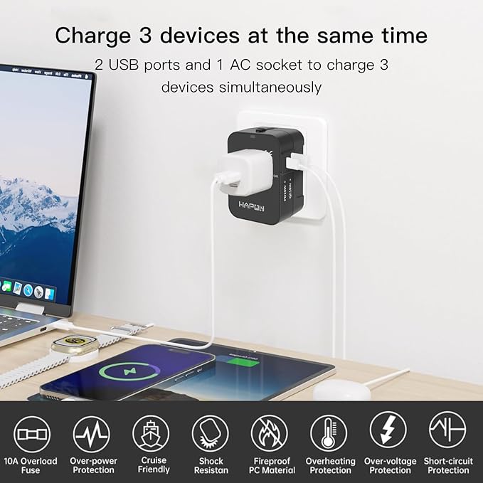 Universal Travel Adapter - 1 USB-C & 1 USB-A Fast Charging Travel Charger, Worldwide Plug Adapter for EU UK USA AU, Black