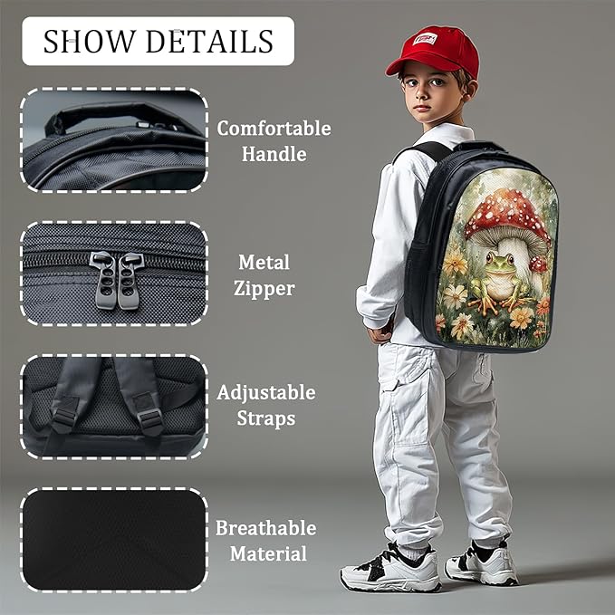 Mushroom Frog Backpack Set 3 Piece School Bags and Lunch Box with Pencil Case Green Cute Frogs Mushrooms Bookbag Set for Toddler Kids Girls Boys Teens Kindergarten Elementary Middle