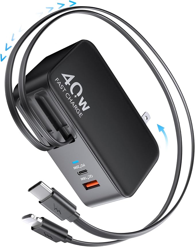 4-in-1 Retractable USB C Wall Charger40W Fast Charging for Multi-Device | Retractable ChargerFoldable PlugExtra USBC &amp A PortsDual 35.5in CablesMultiple Devices Charger for iPhone/Galaxy/Pixe