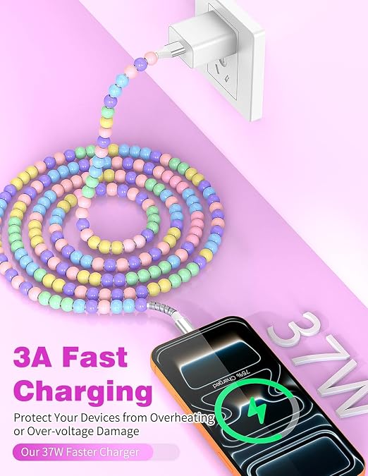Jelanry 3FT USB-A to USB-C Fast Charging Cable Beaded &ampData Sync Women Girl | Cute kawaii beaded cable for iPhone 17/16/15 Samsung S26/S25/S24 Pixel iPad Fast charge for daily use office &amp tra