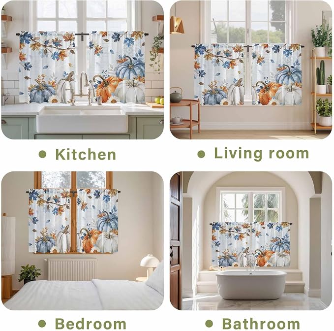 Fall Blue Maple Kitchen Curtains 54 Inch Long 2 Panel Set, Rod Pocket Window