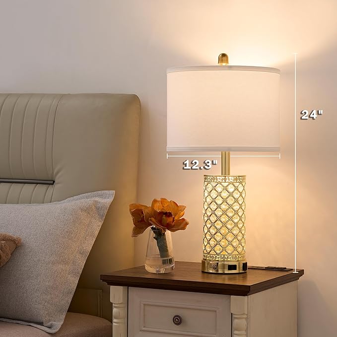 Crystal Table Lamps Modern 3-Way Dimmable Bedside Lamp with 2 USB Ports & AC Outlets for Living Room Bedroom Nightstand Lamp Night Light (Gold- 1 Pack 24In)
