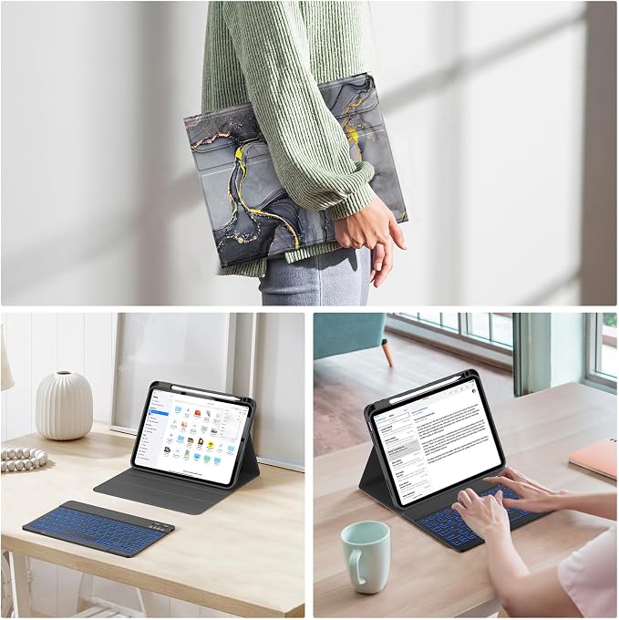 Soke for iPad (A16) 11th/10th Gen Case with Keyboard Black Marble | For iPad 11/10.9 inch(2025/2022) 7 Color Backlight Magnetic wireless Detachable Keyboard Case Built-in Pencil Holder