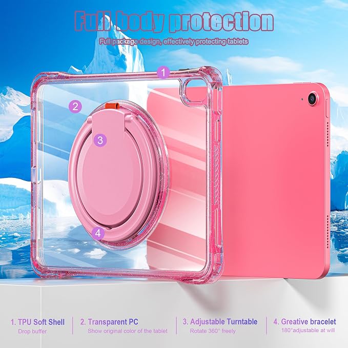 MEEgoodo Case for iPad A16 11th Generation 11 inch 2025 Cover for iPad 10th Generation 2022 Glitter Tablet Cases with Soft TPU &amp Transparent PC &amp Rotating Stand for Kids Light Blue