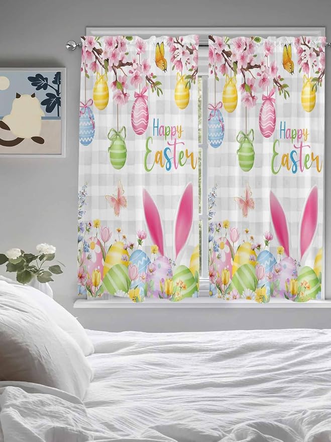 Happy Easter Bedroom Curtains 63 Inches length, Spring Watercolor Bunny Eggs