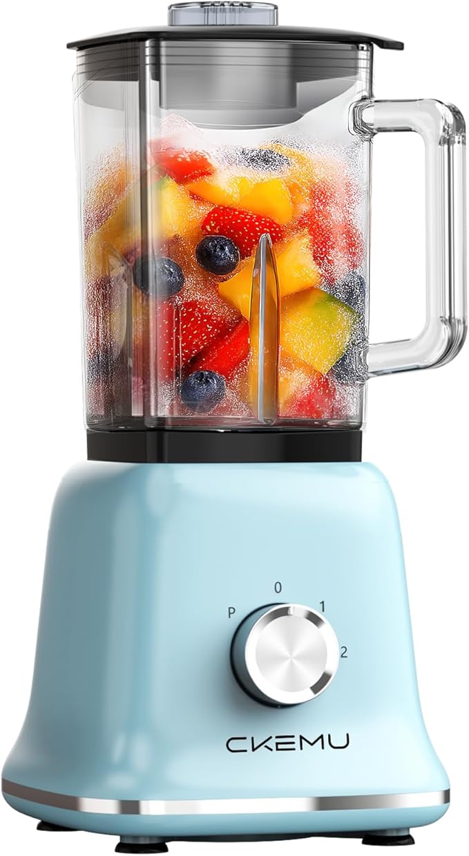 CKEMU Professional Blender For Smoothies, 58 Oz Glass Jar, Glass Blender Including Puree & Crush Ice Functions, 750 Watts, B02 (Blue)