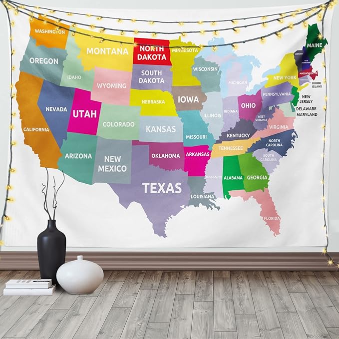 Ambesonne Map Tapestry, USA Map with Name of States in Colorful Design America Geography Cartography Theme, Wide Wall Hanging for Bedroom Living Room Dorm, 60" X 40", Red Yellow