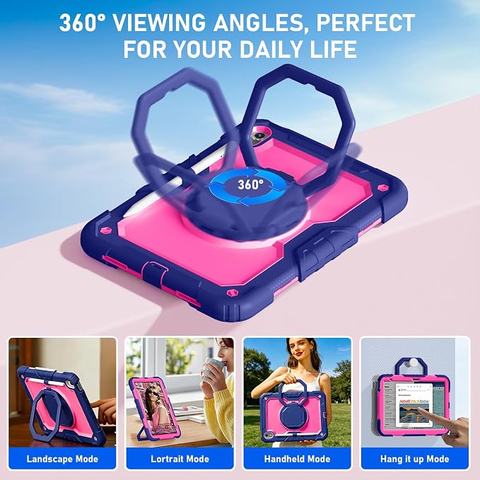 Case for iPad (A16) 11th/10th Generation 11/10.9 2025/2022 Black | Full-body Heavy Duty iPad A16 Case for Adults Kids with Screen Protector 360° Rotating Stand Shoulder Strap Pencil Holder