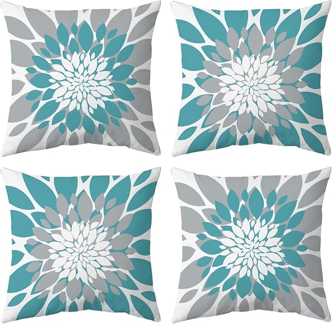 Qahing Pack of 4 Outdoor Waterproof Pillow Covers 16x16 Decorative Outdoor Throw Pillows Garden Square Cushion Cases for Patio Furniture, Couch, Tent Sunbrella, Bench, Teal Turquoise Grey