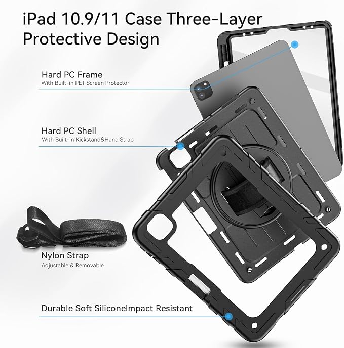 iPad Pro 11 inch Case with Rotating Stand &amp Shoulder Strap Heavy Duty Shockproof Cover with Pencil Holder for iPad Pro 11-inch 4th/3rd/2nd/1st Gen (Black)