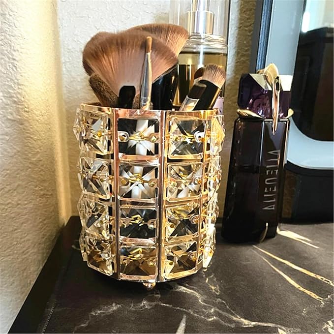 LUGUNU Makeup Brush Holder with Silver Golden Crystal Bling – Elegant Vanity Organizer for Brushes, Pens & Pencils, Ideal for Bathroom or Office Countertop(2Pack)