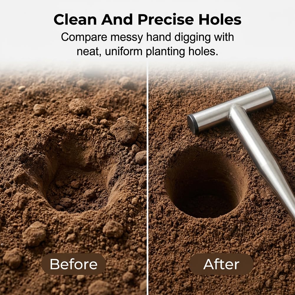 VLZLQ Plant Hole Digger for Planting, 2026 New T Wooden Handle, Seed Planter Tool for Plant Labels, for Self Watering Stakes, Hand Held Bulb Planter for Tulip Daffodil Crocus Garden Tool (M Hollow)