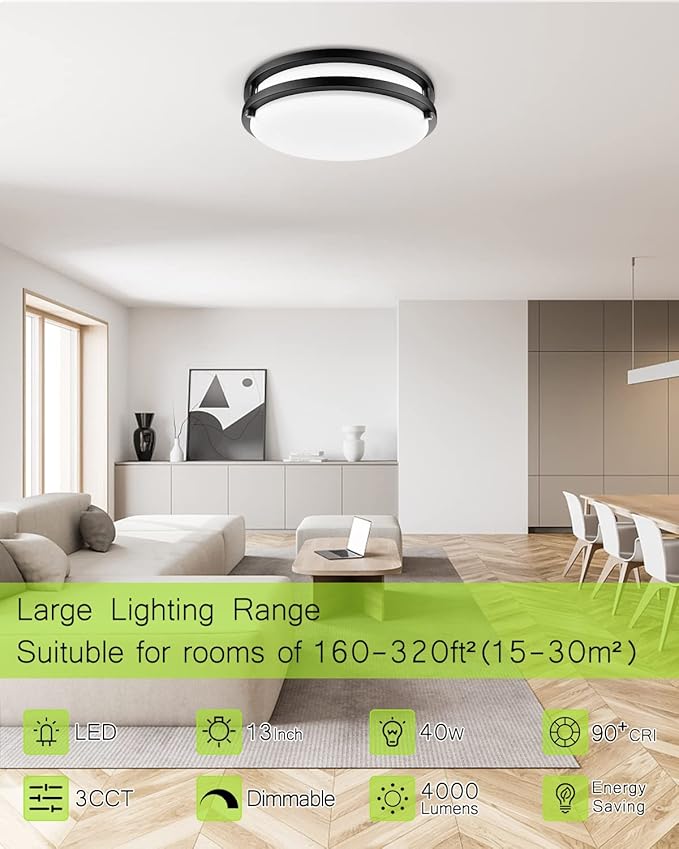 LED Flush Mount Ceiling Light Fixture - 13inch 40W[500W Equiv] 4000lm Dimmable Kitchen Light Fixtures, 3000K/4000K/5000K Black Ceiling Lamps for Bedroom, Bathroom, Hallway, Laundry, Stairwell-2Pack