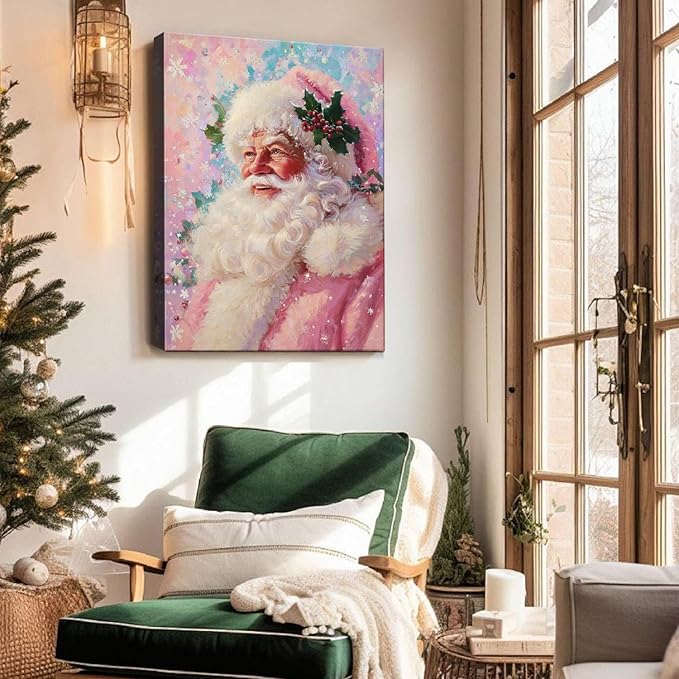 Vintage Pink Santa Claus Girl Christmas Canvas Wall Art - Whimsical Framed Print for Bedroom & Living Room, Unique Christmas Gifts, Playful Christmas Decorations & Pink Winter Decor
