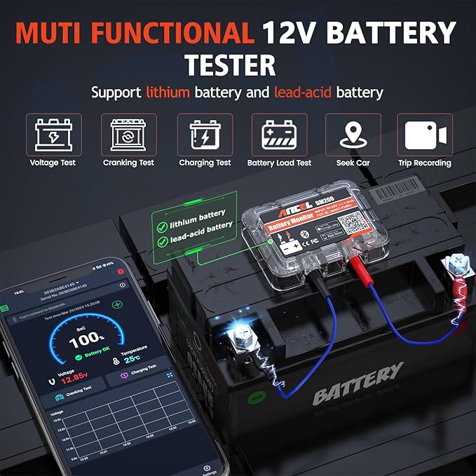 ANCEL BM200-US Car Battery Tester 12V Automotive Battery Monitor Bluetooth Auto Battery Load Tester with Cranking Charging Test Alarm Record Voltage History Voltmeter for Car/RV/Motorcycle/Truck/Boat