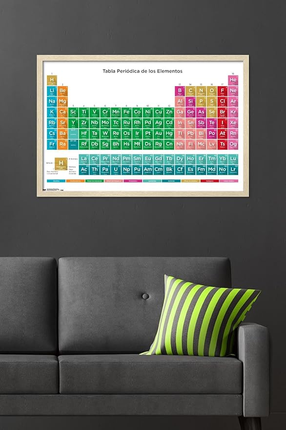 Periodic Table Of Elements - Spanish Wall Poster, 34L" x 22.4W", Blonde Framed Version