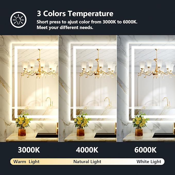 YEELAIT 44x32 Inch LED Bathroom Mirror with Lights Front and Backlit Lighted Vanity Mirror for Bathroom Wall with 3 Colors Dimmable Anti-Fog Memory Shatter-Proof IP54 Waterproof Horizontal/Vertical