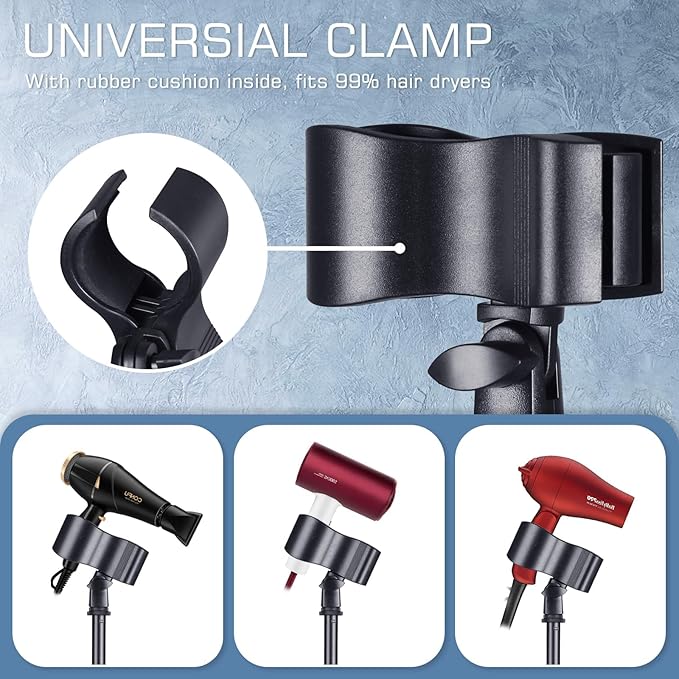 TAYUQEE Hands Free Hair Dryer Upgraded Blower Holder with Larger Clamp, 18.8-59in Height Adjustable Blow Dryer Floor Countertop Stand Holder with Heavy Base