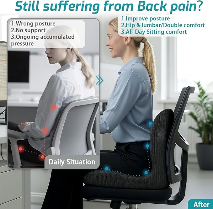 Memory Foam Seat Cushion,Office Chair Cushion with Lumbar Support for Back Pressure Relief,Sciatica,Non Slip Car Seat Cushion with Strap,Pad Orthopedic Cushions for Car,Truck,Desk (D-Black+Mesh Cloth)