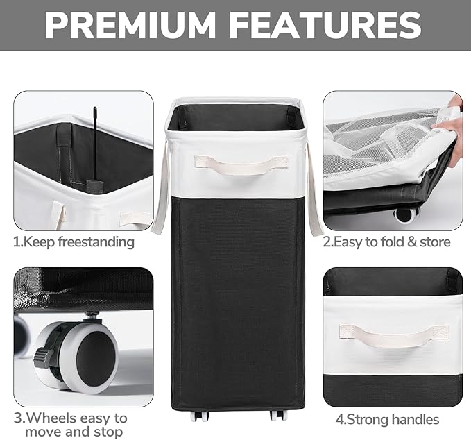 Goodpick Rolling Laundry Hamper with Wheels 75L, Black Laundry Hamper for Dirty Clothes, Collapsible Laundry Basket with Removable Wash, Black Laundry Basket with Wheels