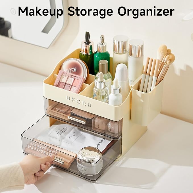 Makeup Organizer for Vanity with Brush Holder, Countertop Organizer with 2 Drawers, Spacious Cosmetic Display Case for Beauty Essential, Skincare, Lipstick