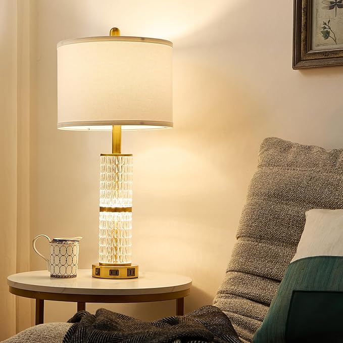 Crystal Table Lamps Modern 3-Way Dimmable Bedside Lamp with 2 USB Ports & AC Outlets for Living Room Bedroom Nightstand Lamp Night Light