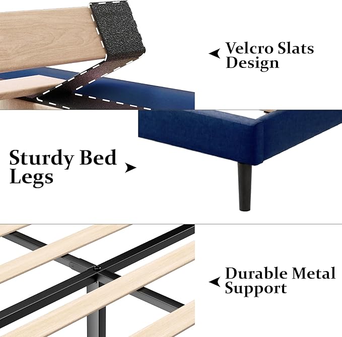 Twin Size Bed Frame with Upholstered Wingback Headboard, Easy Assemnly Platform Bed, Wooden Slat Support No Box Spring Needed, Navy Blue