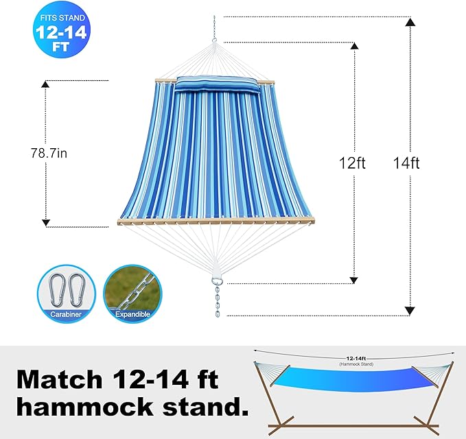 Double Quilted Fabric Tree Hammock with Spreader Bar, 14ft Hammocks 2 Person for Outside, Fits 12ft -14ft Hammock Stand, Large Pillow, Side Pocket & Carabiner, Max 475 lbs Capacity (Ocean Blue)