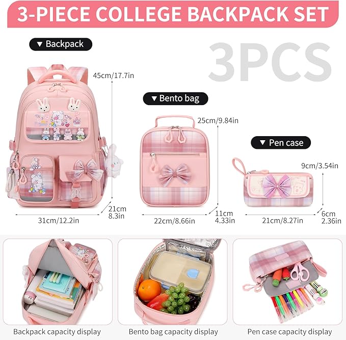 Girls Backpack 3pcs School Backpack with Lunch Box Teen Girl Backpack Set Cute Kids School Bag Bookbag for Teen Girls