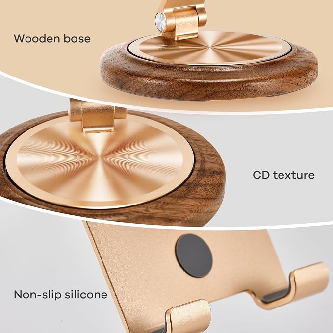 Dual Folding Phone Desk Stand Wood Black | Adjustable Foldable Beside Phone Holder