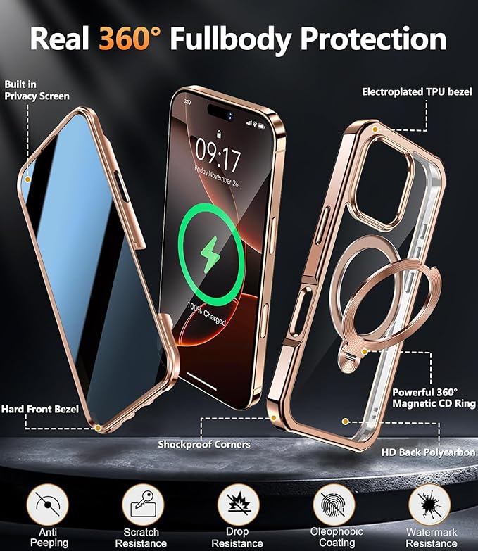 [360° Rotatable CD Stand & Built-in Privacy Screen Magnetic Case for iPhone 16 Pro Max [Compatible with MagSafe & Full Signal] Shockproof Full Body Anti-Spy Cover for 16 Pro Max-Desert Gold