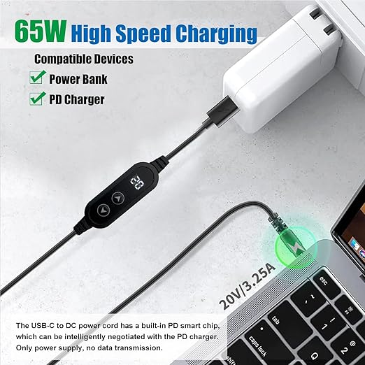100W USB C to DC Charger Barrel PD Trigger Cable with 8 DC Conversion Heads and LED Display Screen DC 5V/9V/12V/15V/20V to DC Adapter Cable for Netbook Tablets Led Light Routers (3.9ft)