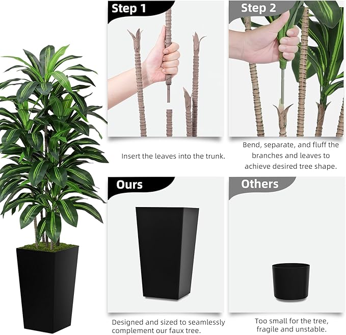 Artificial Dracaena Tree 5FT - Fake Tree with Black Tall Planter - Faux Yucca Tall Fake Floor Plant in Pot - Artificial Plant for Home Office Living Room Decor Indoor